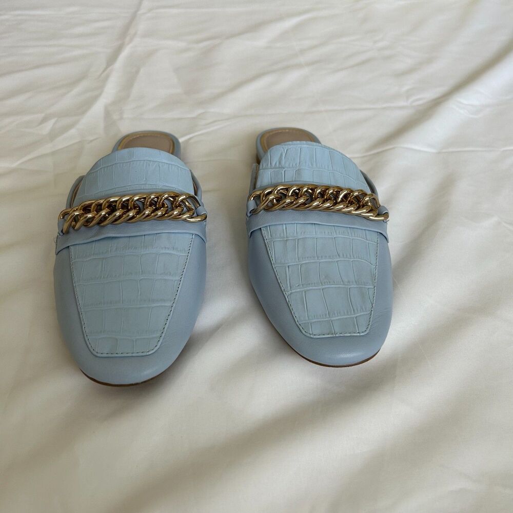 Gianni Bini Women's Light Blue Croc-Embossed Gold Chain Mules Size 8.5M - Picture 3 of 6
